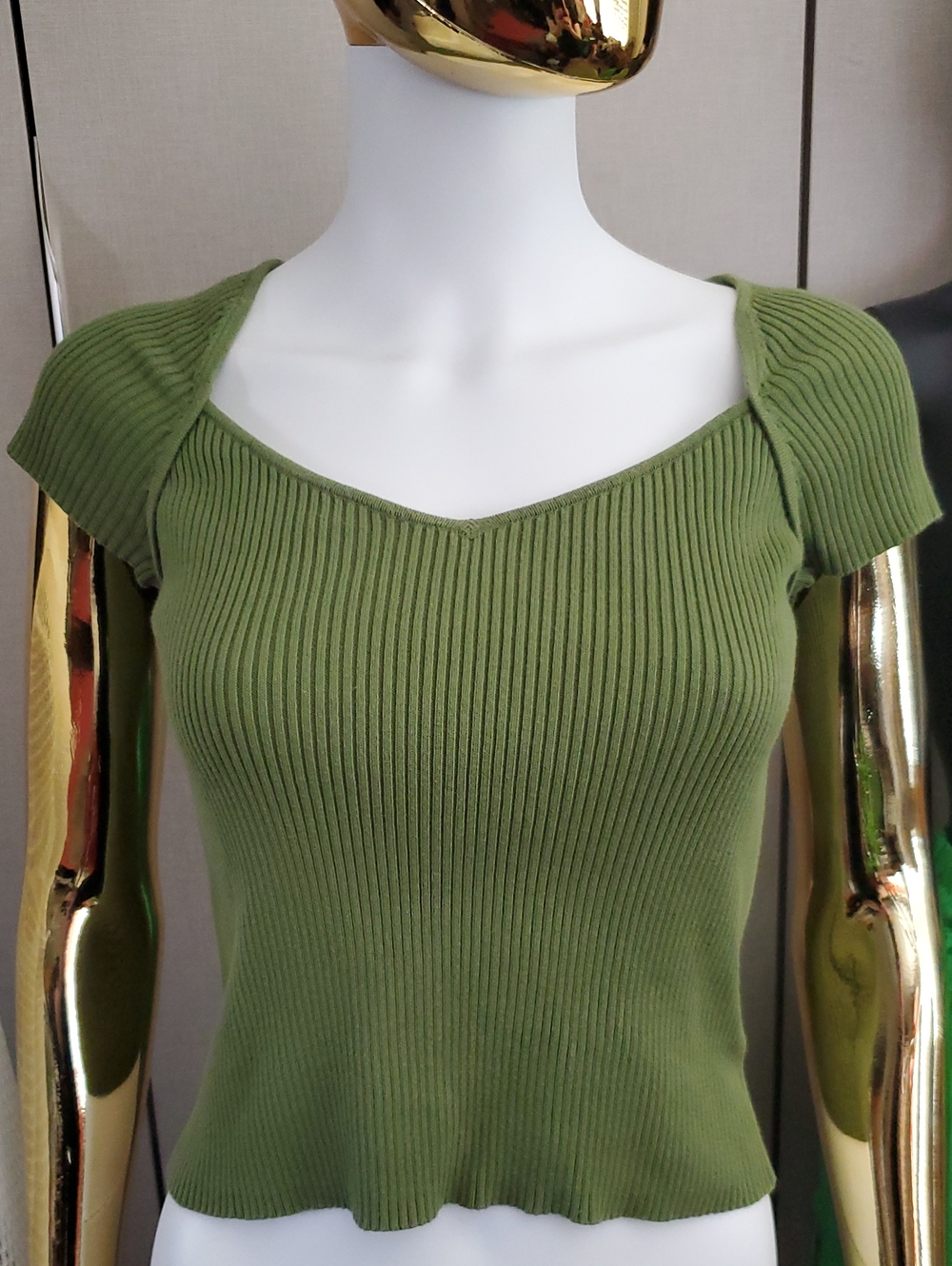 Vintage 80's-90's Ralph Lauren Olive Ribbed V-Neck Short Sleeve Top